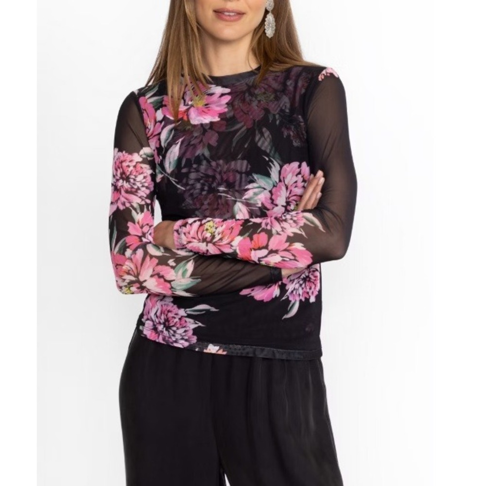 Johnny Was Jade Mesh Top XXL Black Pink Floral Sheer Long Sleeve Crew Neck